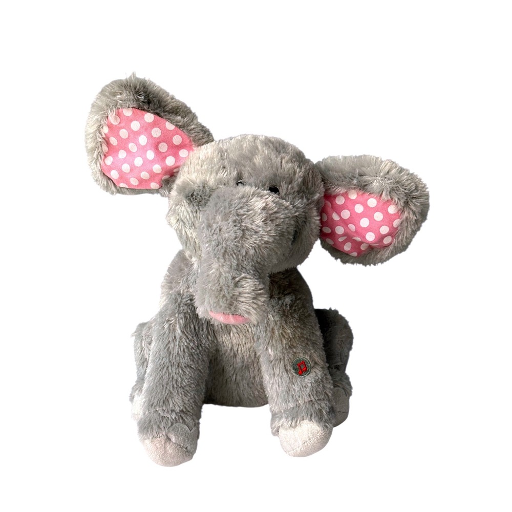 Cuddle Barn Animated Musical Elephant Plush Grey Pink Polka Dot Ears Tested